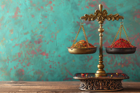 Two scales with different colored spices on them. The scales are hanging from a chain and are on a wooden tableの素材