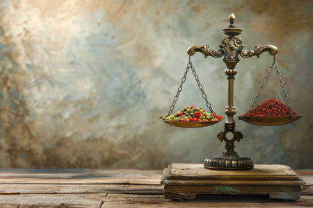 Two scales with different colored spices on them. The scales are hanging from a chain and are on a wooden tableの素材