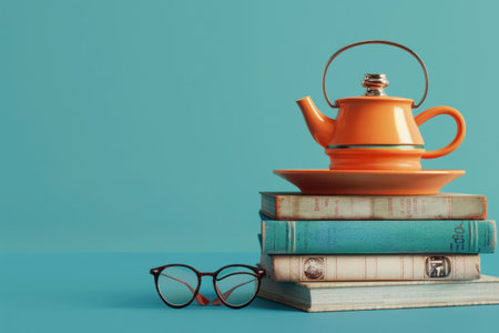 A stack of books with a teapot and a cup on topの素材
