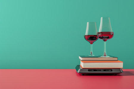 A wine glass sits on a table with a stack of books and a lighter. Concept of relaxation and leisure, as the wine glass and books suggest a moment of downtime or a break from workの素材