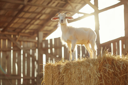 A goat is standing on a hay bale in a barn. The goat is looking up at the cameraの素材
