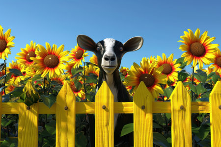 A goat is standing in front of a red and white fence in a field of yellow flowers. The goat is looking at the camera with a curious expression. Concept of curiosity and wonderの素材