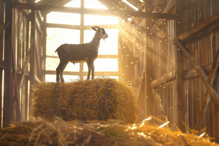 A goat is standing on a hay bale in a barn. The goat is looking up at the cameraの素材