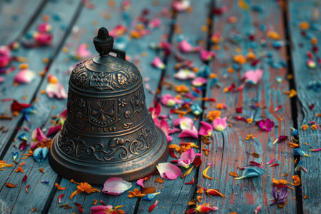 A bell sits on a wooden table with colorful flowers scattered around it. The bell is surrounded by a variety of flowers, including pink, blue, and yellow ones. Concept of tranquility and beautyの素材