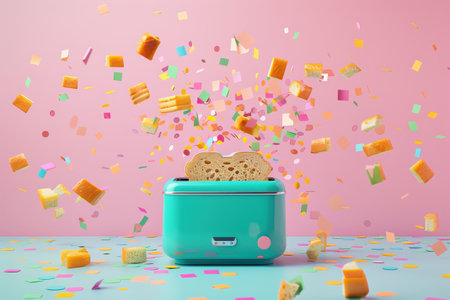 A toaster is covered in confetti and the toast is flying out of it. Concept of celebration and joyの素材