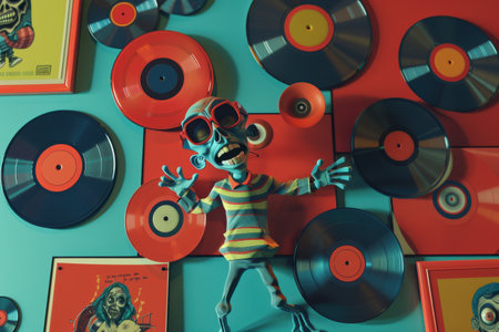 A cartoon character is playing with a record player and surrounded by many records. Scene is playful and funの素材