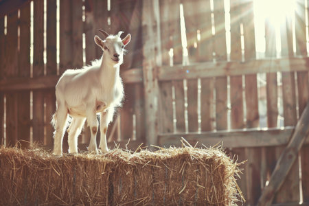 A goat is standing on a hay bale in a barn. The goat is looking up at the cameraの素材