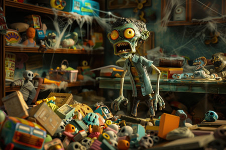 A creepy monster is standing in a room full of toys and other items. The room is cluttered and disorganized, with a lot of toys scattered around. The monster appears to be hungryの素材