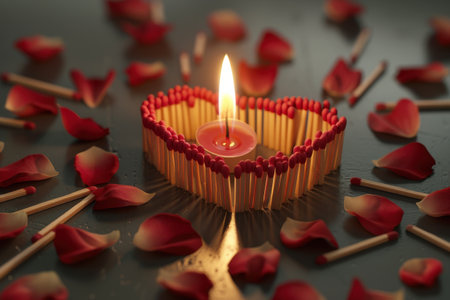 A heart made of matchsticks with a lit candle inside. The candle is surrounded by pink petals and the scene is set in a dark roomの素材