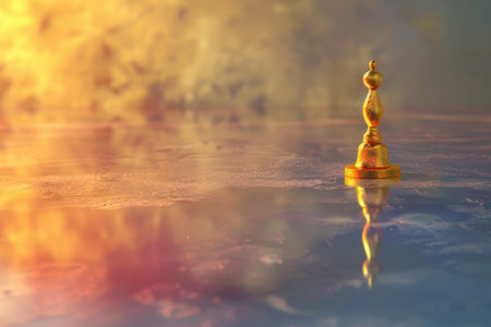 A golden chess piece is sitting on a table. The piece is a king, and it is surrounded by a reflection of the sun. Concept of power and importanceの素材