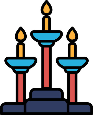 Three candles are lit on a white background. The candles are lit in a row and are placed on a pedestalのイラスト素材