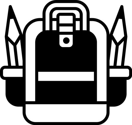A black backpack with a pencil and a pair of scissors on it. The backpack is designed to hold school suppliesのイラスト素材