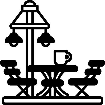 A black and white drawing of a patio with a table and chairsのイラスト素材