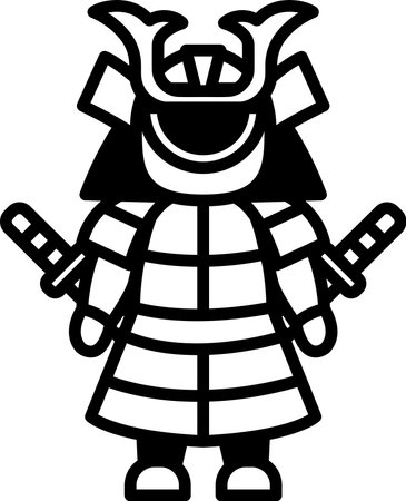 A black and white drawing of a samurai warrior holding two swords. Concept of strength and power, as the samurai is depicted as a formidable warrior. The use of black and white adds to the timelessのイラスト素材