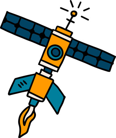 A black and white drawing of a rocket with a bright light on top. The rocket is flying through spaceのイラスト素材