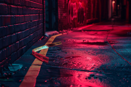 A street with a yellow line and a red tape on the groundの素材