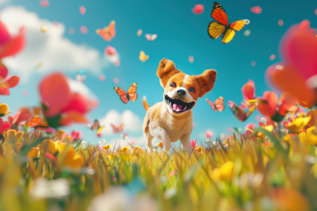 A dog is running through a field of flowers with butterflies flying around it. Scene is joyful and playful, as the dog is having fun and the butterflies add a sense of whimsy and beauty to the sceneの素材