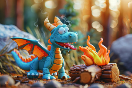 A cartoon dragon is standing next to a pile of wood and a fire. The dragon is smiling and he is enjoying the warmth of the fireの素材
