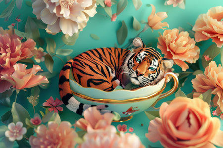 A tiger is sleeping in a cup with flowers around it. The image has a peaceful and calming mood, as the tiger is resting in a beautifulの素材