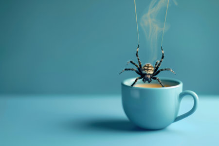 A spider is hanging from a string above a cup of coffee. The spider is orange and he is trying to catch the coffee. The image has a playful and whimsical mood, as it is not a realistic sceneの素材
