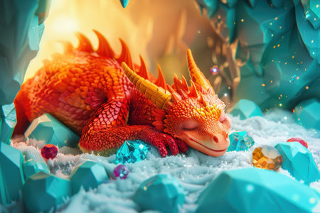 A dragon is sleeping on a pile of gold and jewels. The dragon is surrounded by rocks and has a lot of glitter on it. The scene is peaceful and serene, with the dragon looking content and relaxedの素材