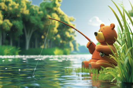 A bear is sitting in the water and holding a fishing pole. The scene is peaceful and serene, with the bear enjoying a quiet moment by the waterの素材