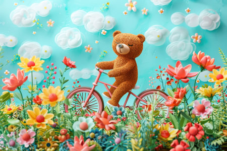 A teddy bear is riding a bicycle in a field of flowers. The scene is bright and cheerful, with the teddy bear and the flowers creating a sense of playfulness and joyの素材