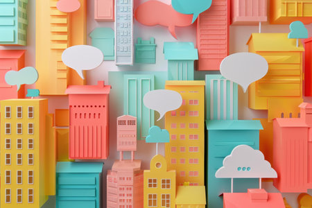 A cityscape made of paper with many buildings and speech bubbles. The speech bubbles are in different colors and sizes, and they appear to be talking to each other. Scene is playful and whimsicalの素材