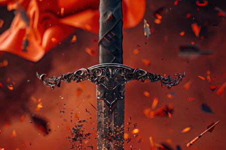 A sword is shown in a fiery background with a red flag in the foreground. The sword is ornate and has a black handle. Concept of danger and excitement, as if the sword is about to be used in battleの素材