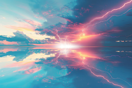 A stormy sky with a lightning bolt and a reflection of the sky in the water. Scene is intense and dramaticの素材