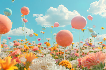 A field of flowers with different colored balloons floating in the air. The balloons are shaped like speech bubbles and are scattered throughout the field. Concept of joy and playfulnessの素材