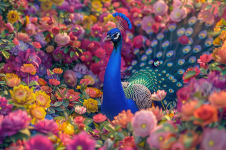 A colorful peacock is standing in a field of flowers. The peacock is surrounded by a variety of flowers, including yellow, orange, and blue ones. The scene is vibrant and livelyの素材