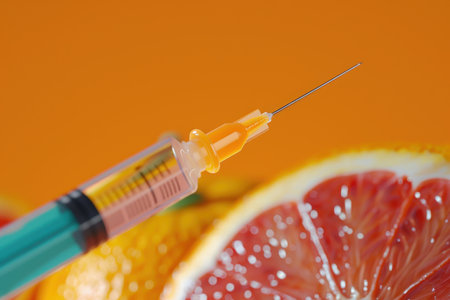 A syringe is inserted into an orangeの素材