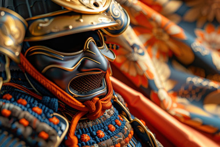 A samurai mask is sitting on a blue and orange cloth. The mask is made of metal and has a black faceの素材