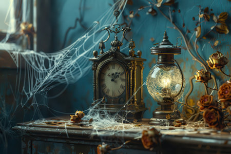 A clock with roman numerals and a lantern on a table. The lantern is lit and the clock is set to the time of 10:30の素材