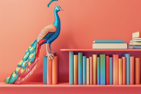 A colorful book shelf with a blue peacock standing on top of it. The peacock is surrounded by a rainbow of books, creating a vibrant and lively atmosphere. Concept of creativity and imaginationの素材