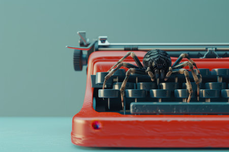 A spider is sitting on top of a typewriter. The spider is on the keyboard and the letters are visibleの素材