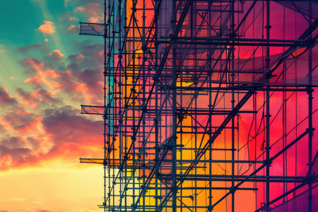 A colorful building with scaffolding on it. The scaffolding is made of metal and is in different colors. The building is tall and has a modern lookの素材