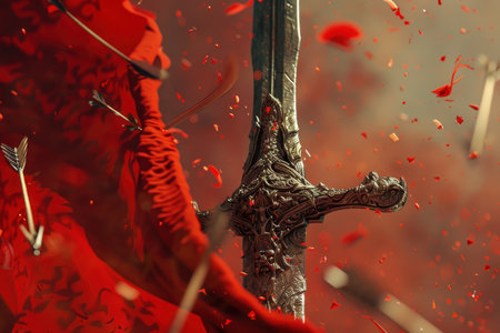 A sword is shown in a red background with arrows flying around it. The sword is surrounded by red and gold, giving it a sense of power and importance. Concept of conflict and battleの素材