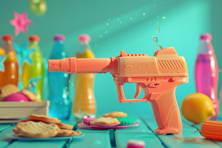 A pink toy gun is spraying water from its barrel. The scene is set on a table with a variety of food and drinks, including bottles, cups, and a bowl of cookies. Scene is playful and lightheartedの素材