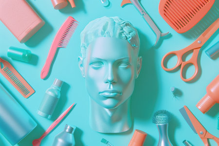 A man's head is surrounded by various hair care products and tools, including scissors, combs, and hair dryers. Concept of organization and attention to detail, as the products are arranged in a neatの素材