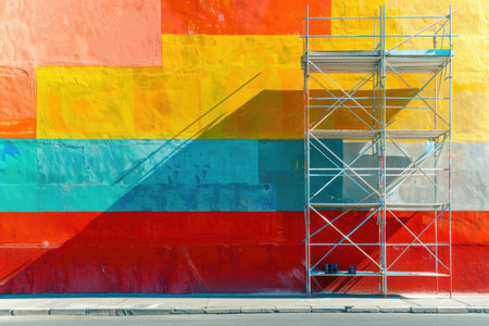 A colorful building with scaffolding and a rainbow of colors. The building is a work of art and the colors are vibrant and eye-catchingの素材