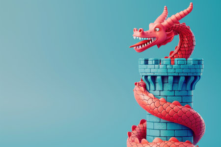 A dragon is sitting on top of a stone tower. The dragon has a menacing look on its face and its mouth is open. The image has a dark and ominous moodの素材