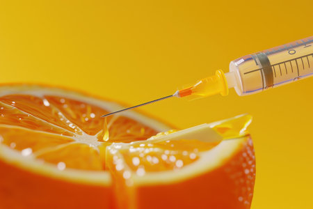 A syringe is inserted into an orangeの素材