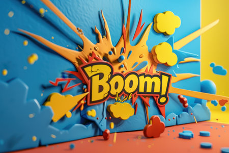 A colorful explosion with the word BOOM written in yellow. The explosion is made up of various shapes and colors, giving it a dynamic and energetic feelの素材