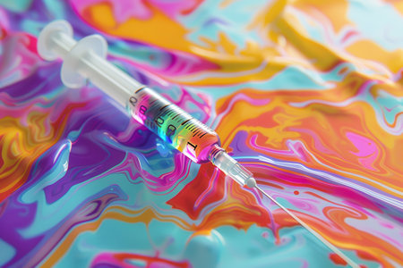 A syringe is sitting on a colorful background. The syringe is yellow and has a blue needle. The background is a mix of blue, pink, and purple colorsの素材