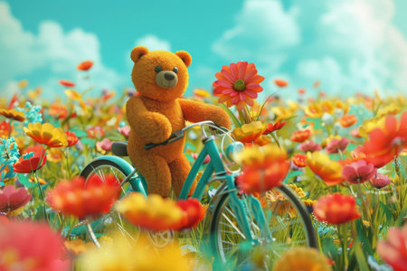 A teddy bear is riding a bicycle in a field of flowers. The scene is bright and cheerful, with the teddy bear and the flowers creating a sense of playfulness and joyの素材