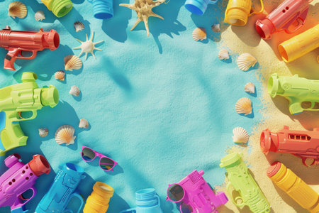 A colorful array of plastic guns are scattered on a beach towel. The scene is playful and lighthearted, with the guns and shells creating a fun and whimsical atmosphereの素材