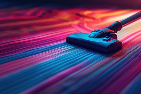 A vacuum cleaner is on a carpet with a background. The carpet is full of debris and the vacuum is in the process of cleaning it. Scene is energetic and activeの素材