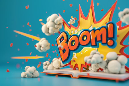 A colorful explosion with the word BOOM written in yellow. The explosion is made up of various shapes and colors, giving it a dynamic and energetic feelの素材